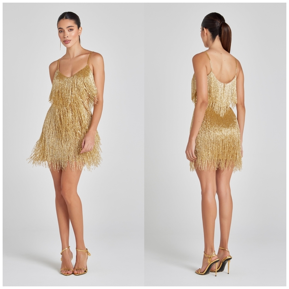 NADINE MERABI Gold Fringe Mini Dress